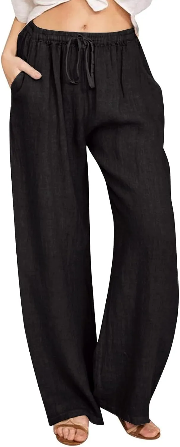 MRGIINRI Womens Cotton Linen Pants 2024 Summer Wide Leg Casual Loose Drawstring High Waist Palazzo Pants Trousers with Pocket
