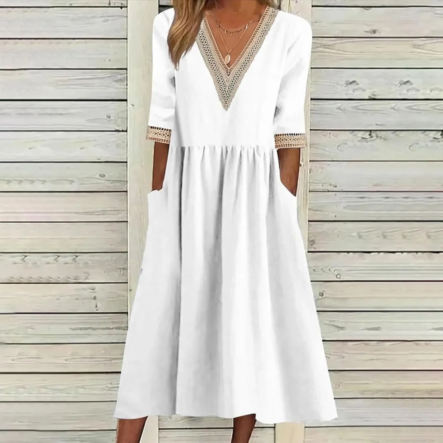 NaRHbrg Women Half Sleeve Dress Contrast Casual Pockets Party Swing Sundress Boho V Neck Flowy A Line Midi Dresses Work Dress