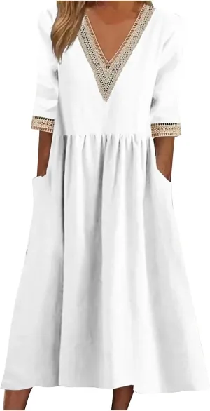 NaRHbrg Women Half Sleeve Dress Contrast Casual Pockets Party Swing Sundress Boho V Neck Flowy A Line Midi Dresses Work Dress