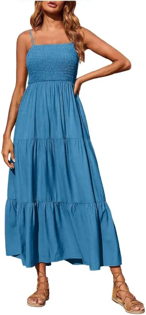 NaRHbrg Women's Boho Smocked Maxi Dress Sleeveless Tiered Flowy Sundress Casual Summer Beach Dress Lightweight Elegant Outfit