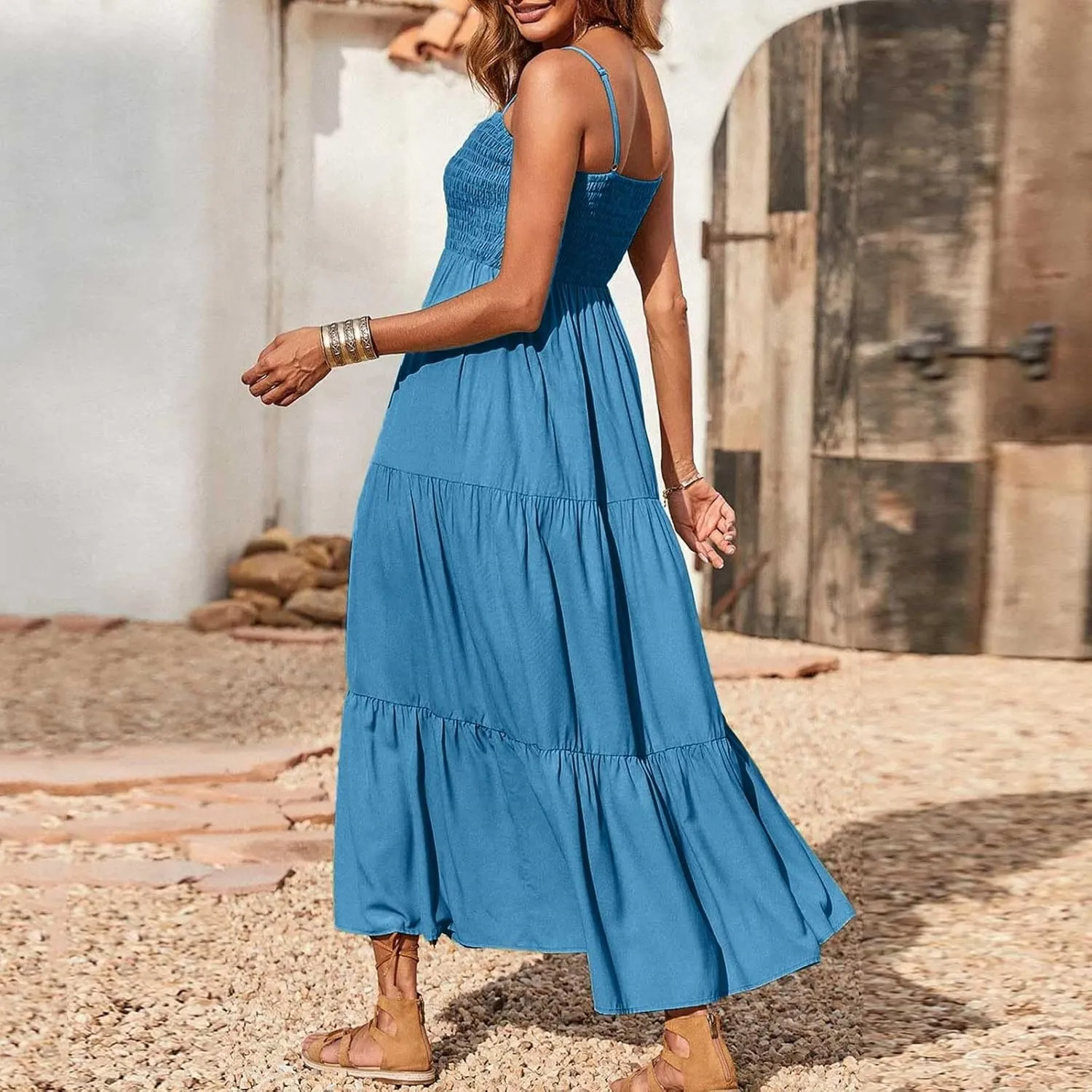 NaRHbrg Women's Boho Smocked Maxi Dress Sleeveless Tiered Flowy Sundress Casual Summer Beach Dress Lightweight Elegant Outfit