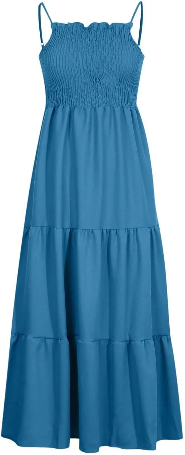 NaRHbrg Women's Boho Smocked Maxi Dress Sleeveless Tiered Flowy Sundress Casual Summer Beach Dress Lightweight Elegant Outfit