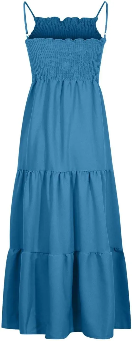 NaRHbrg Women's Boho Smocked Maxi Dress Sleeveless Tiered Flowy Sundress Casual Summer Beach Dress Lightweight Elegant Outfit