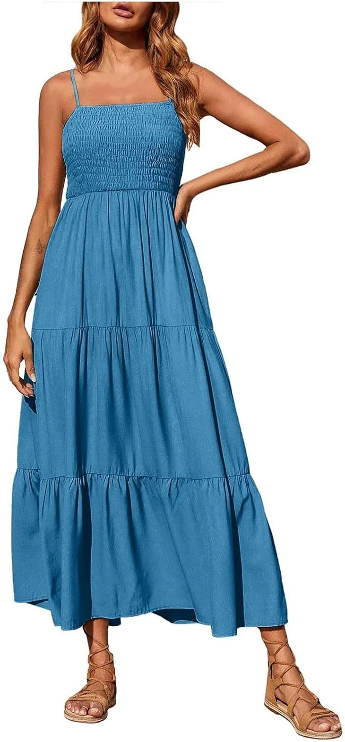 NaRHbrg Women's Boho Smocked Maxi Dress Sleeveless Tiered Flowy Sundress Casual Summer Beach Dress Lightweight Elegant Outfit