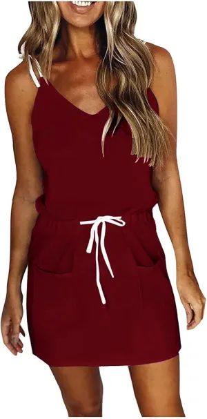 NaRHbrg Women's Sleeveless Tank Dress Summer Casual V-Neck Drawstring Waist Mini Dress with Pockets Flowy Beach Sundress
