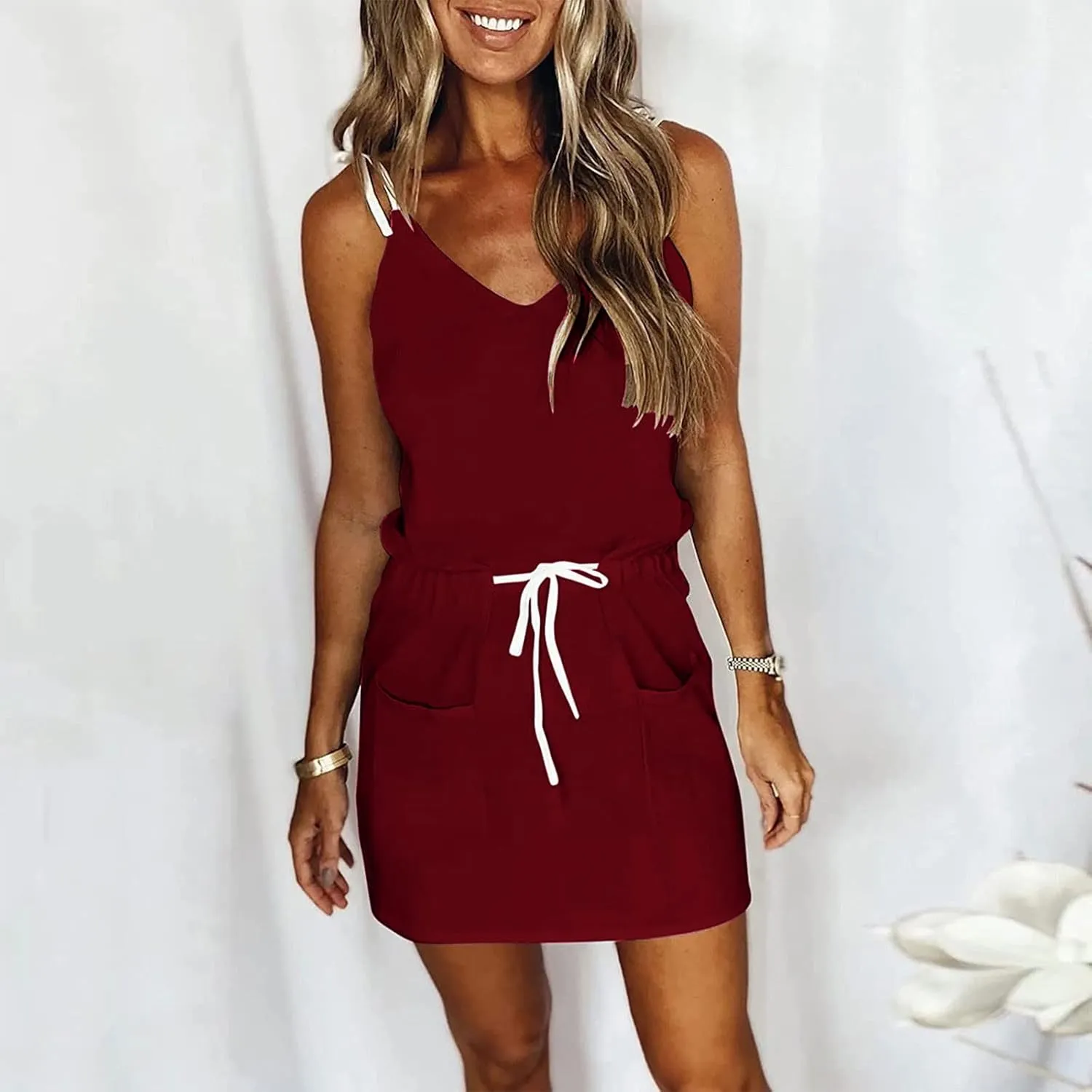 NaRHbrg Women's Sleeveless Tank Dress Summer Casual V-Neck Drawstring Waist Mini Dress with Pockets Flowy Beach Sundress
