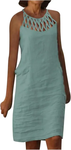 NaRHbrg Women's Summer Halter Dress Sleeveless Hollow Out Loose Fit Mini Dresses Casual Beach Sundress for Vacation