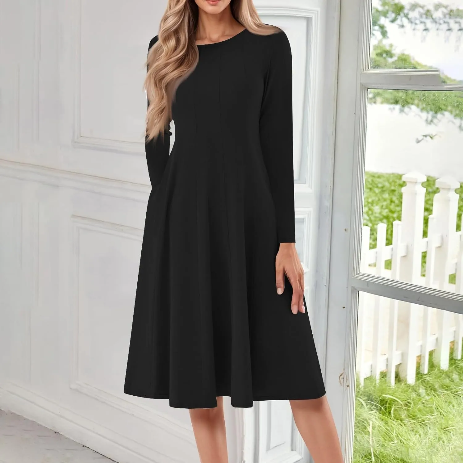 NBXNZWF Women Long Sleeve Midi Dresses Fall Winter Casual Crewneck Dress Plus Size Solid Color Pleated Dress with Pockets