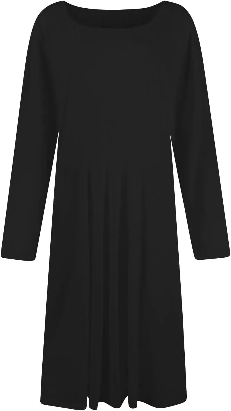 NBXNZWF Women Long Sleeve Midi Dresses Fall Winter Casual Crewneck Dress Plus Size Solid Color Pleated Dress with Pockets