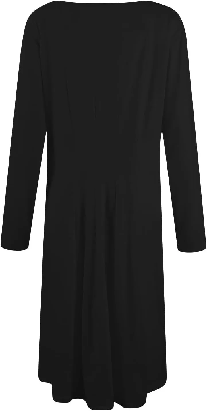 NBXNZWF Women Long Sleeve Midi Dresses Fall Winter Casual Crewneck Dress Plus Size Solid Color Pleated Dress with Pockets