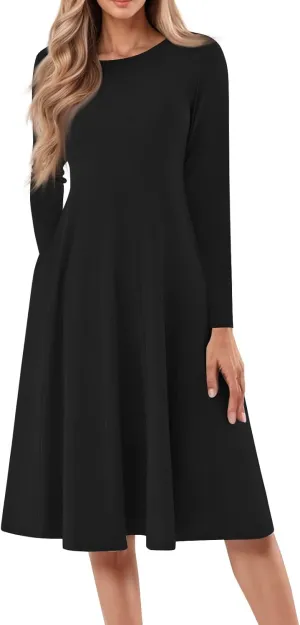 NBXNZWF Women Long Sleeve Midi Dresses Fall Winter Casual Crewneck Dress Plus Size Solid Color Pleated Dress with Pockets