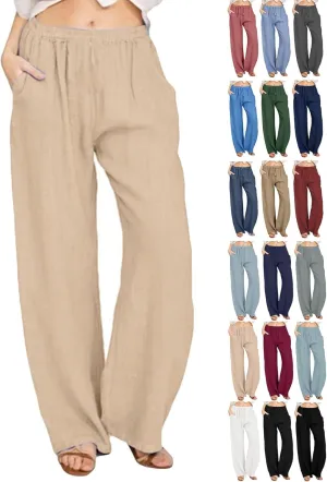 NBXNZWF Women's Cotton Linen Pants 2025 Summer Casual Straight Leg Trousers Wide Leg Loose Fit Long Pants with Pockets