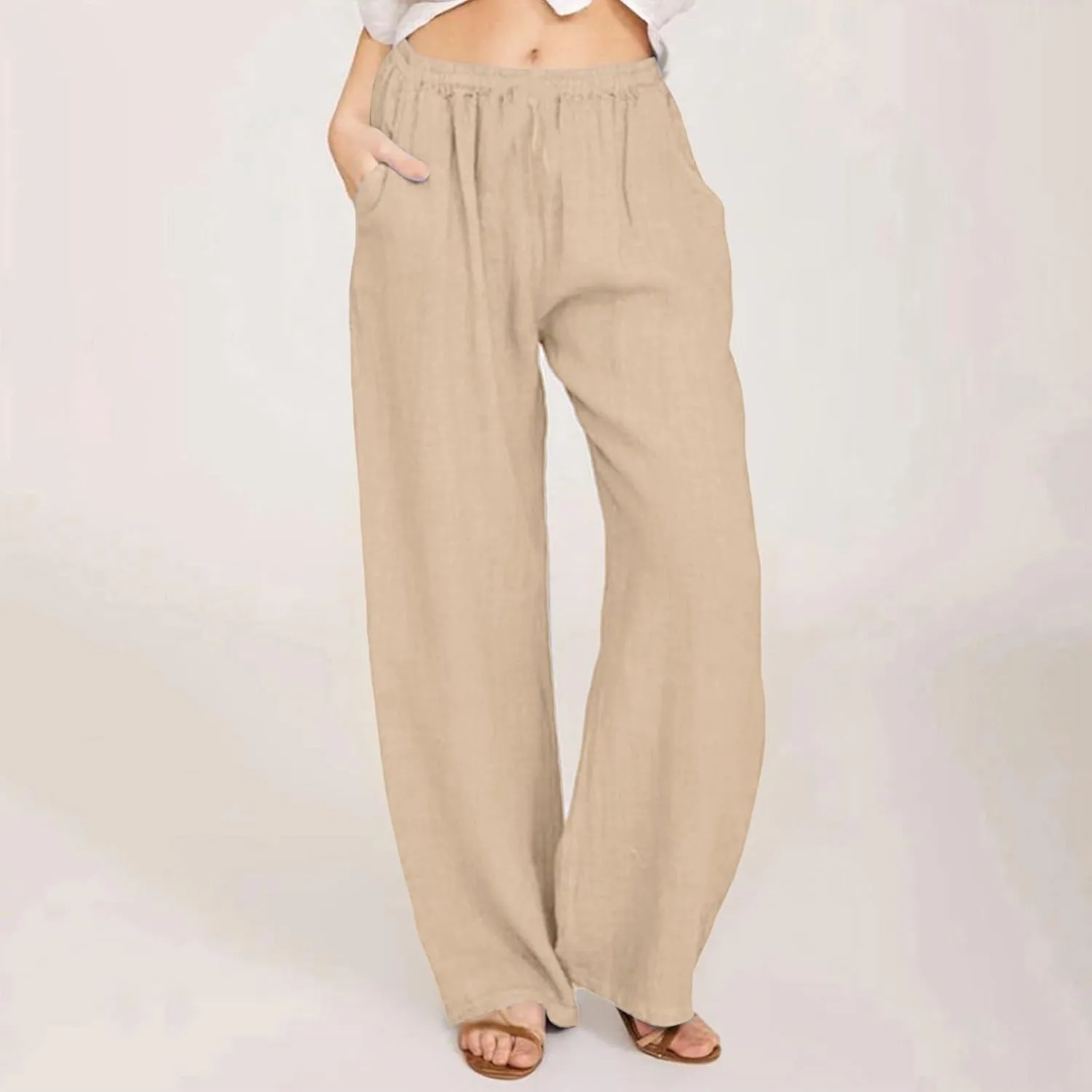 NBXNZWF Women's Cotton Linen Pants 2025 Summer Casual Straight Leg Trousers Wide Leg Loose Fit Long Pants with Pockets