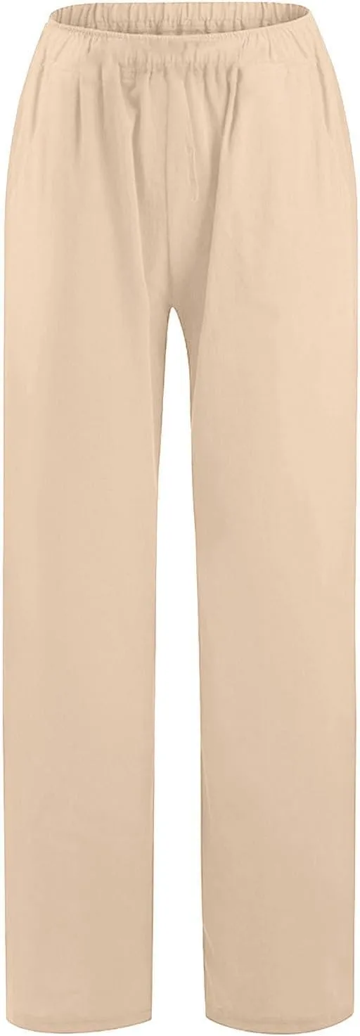 NBXNZWF Women's Cotton Linen Pants 2025 Summer Casual Straight Leg Trousers Wide Leg Loose Fit Long Pants with Pockets