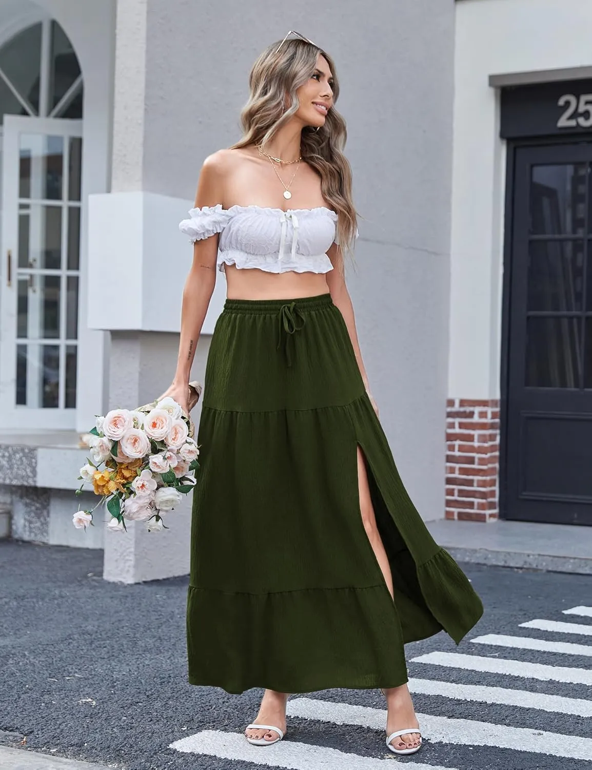 Newchoice Women's Flowy Maxi Skirt with Slit Elastic High Waisted Casual Summer Long Skirts