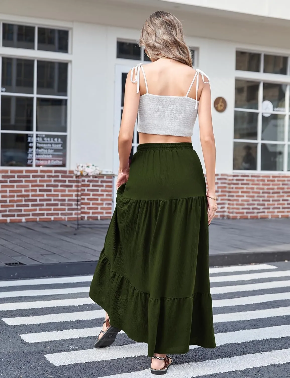 Newchoice Women's Flowy Maxi Skirt with Slit Elastic High Waisted Casual Summer Long Skirts