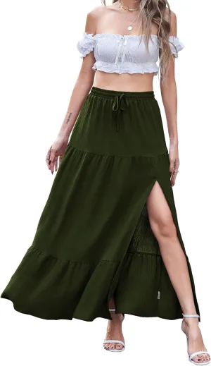 Newchoice Women's Flowy Maxi Skirt with Slit Elastic High Waisted Casual Summer Long Skirts