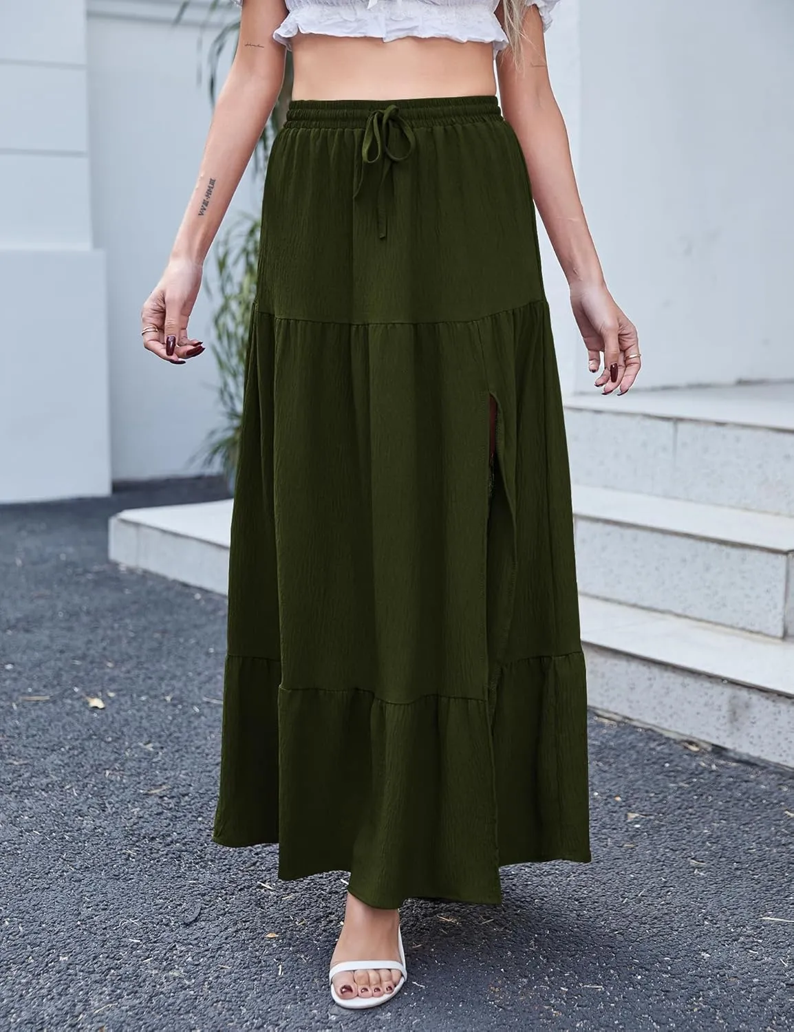 Newchoice Women's Flowy Maxi Skirt with Slit Elastic High Waisted Casual Summer Long Skirts