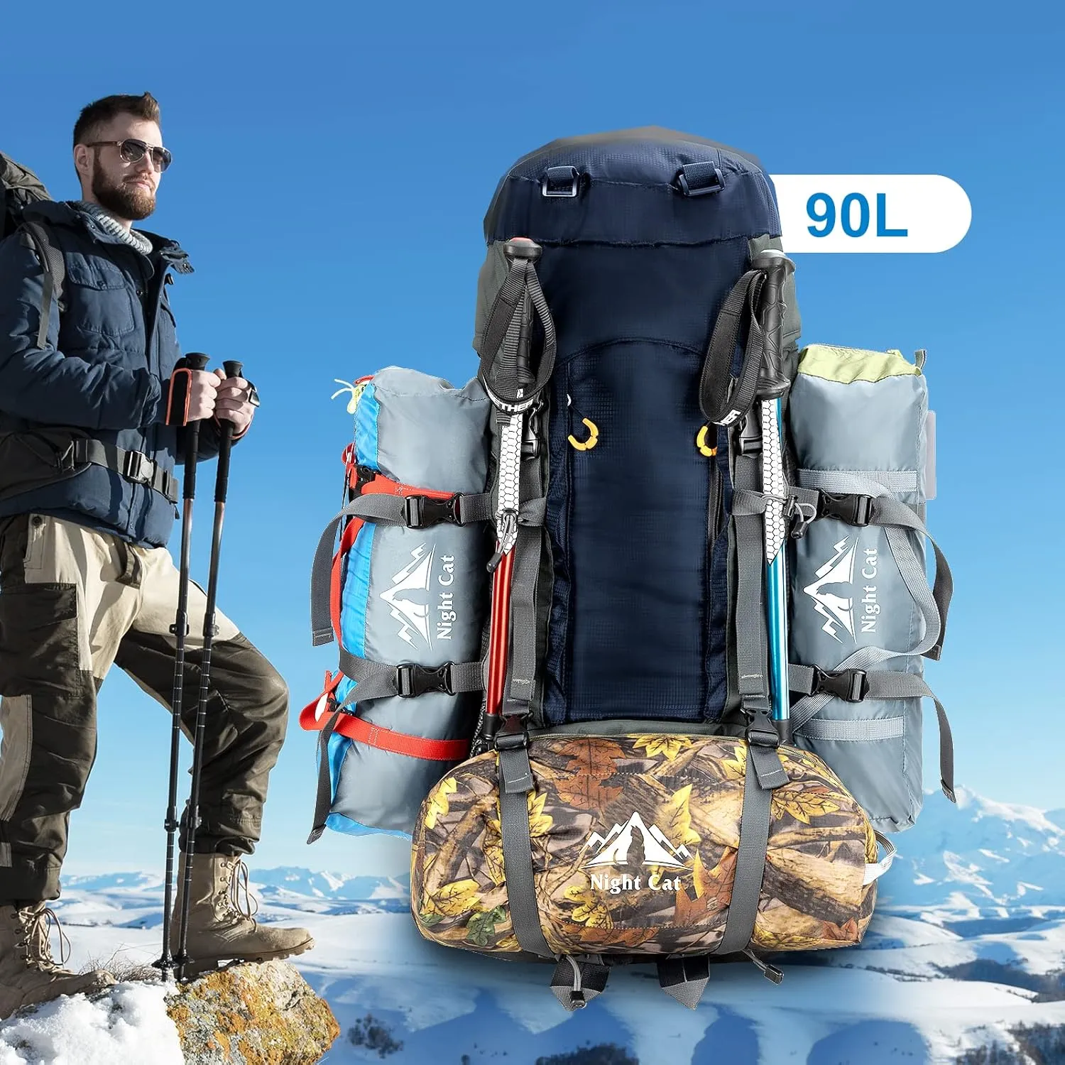 Night Cat Camping Backpacks 90L with Internal Frame Hiking Backpack for Men Women Waterproof Lightweight Breathable Outdoor Mountaineering Traveling