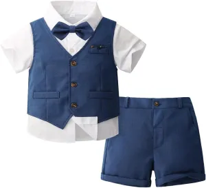 OBEEII Toddler Boys Gentleman Outfits Baby Kids Baptism Photoshoot Clothes Short Set Formal Wedding Ring Bearer Outfits