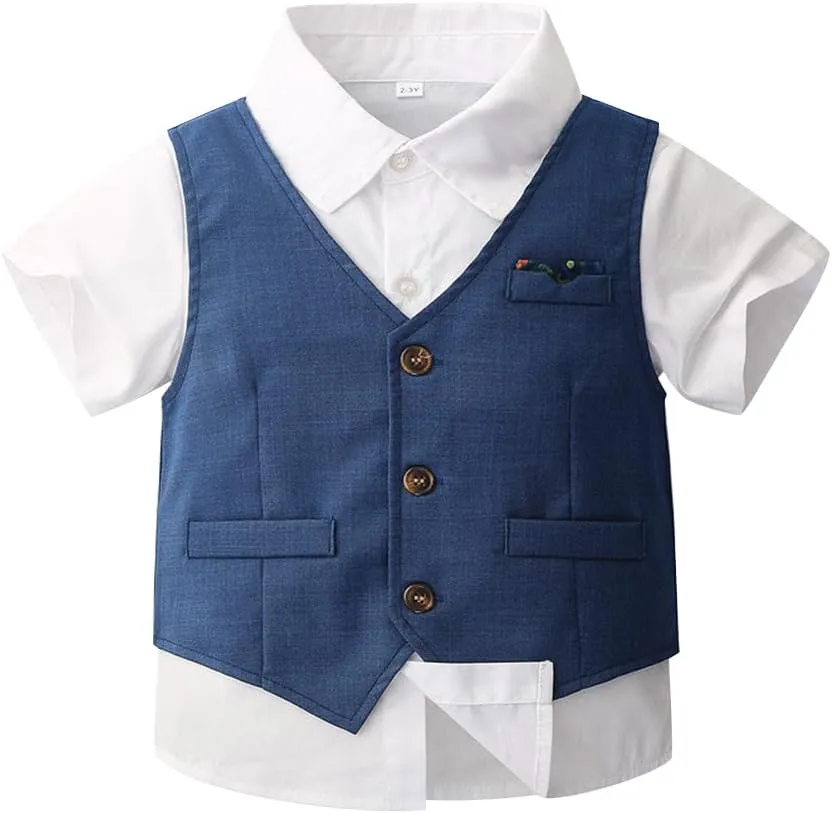 OBEEII Toddler Boys Gentleman Outfits Baby Kids Baptism Photoshoot Clothes Short Set Formal Wedding Ring Bearer Outfits