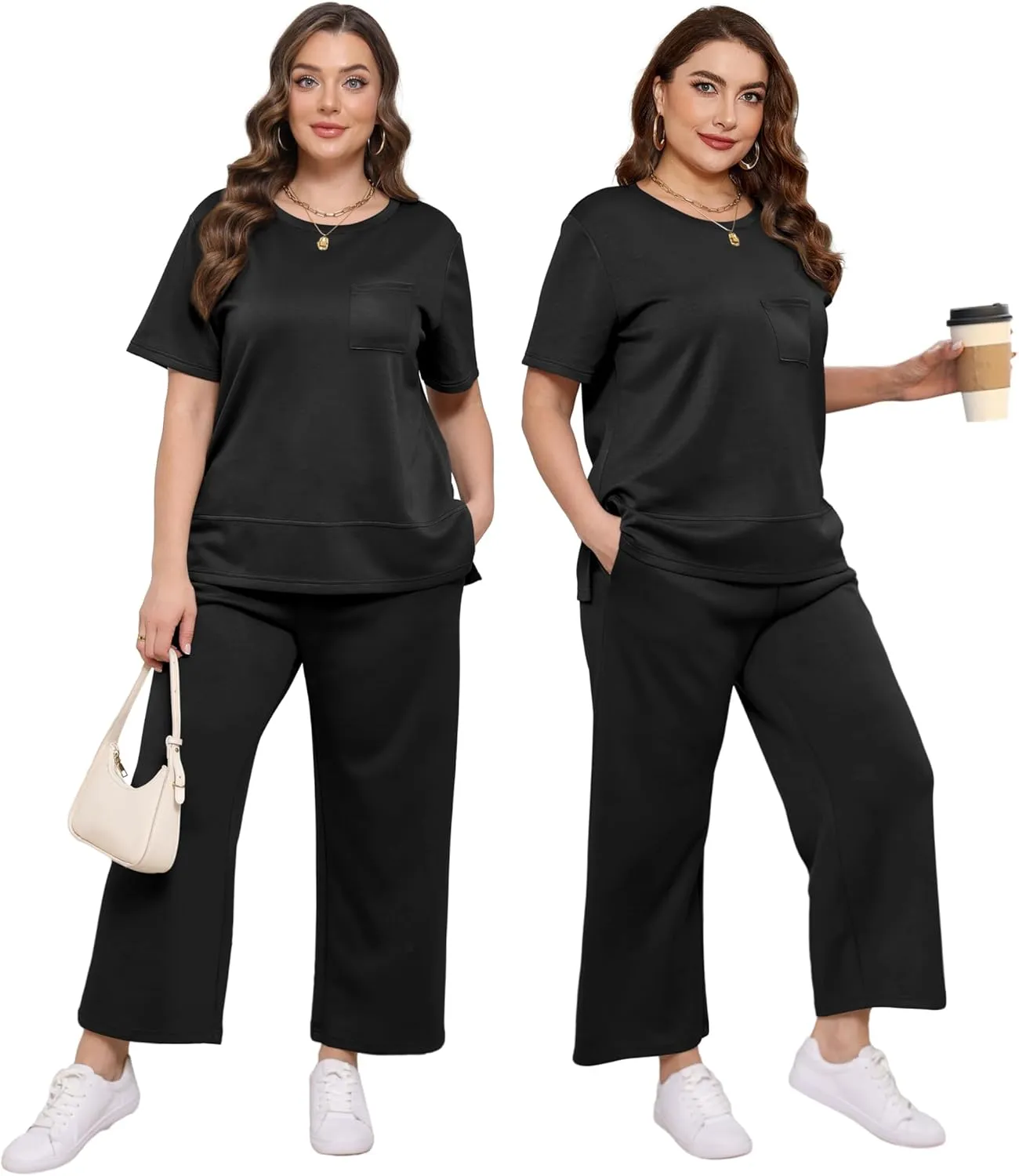 OFEEFAN Women's Lounge Sets Fashion Outfits Wide Leg Loungewear Side Slit Tracksuit for Vacation Travel Airport S-3XL
