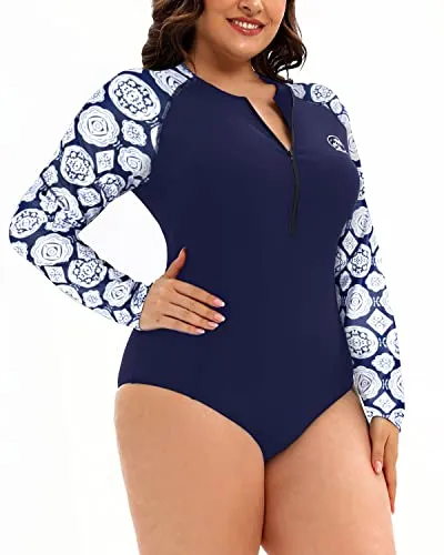 One Piece Plus Size Rash Guard For Women Long Sleeve Swimsuit Zipper Upf 50 -Blue And White Snake Print