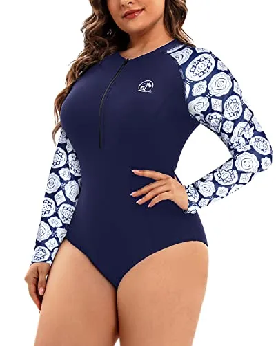 One Piece Plus Size Rash Guard For Women Long Sleeve Swimsuit Zipper Upf 50 -Blue And White Snake Print