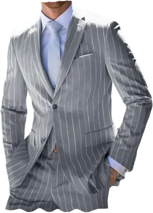 ORBITRAY Men's Pinstripe Suits 2 Pieces Notch Lapel Regular Fit Tuxedos Groomsmen for Wedding (Blazer Pants)