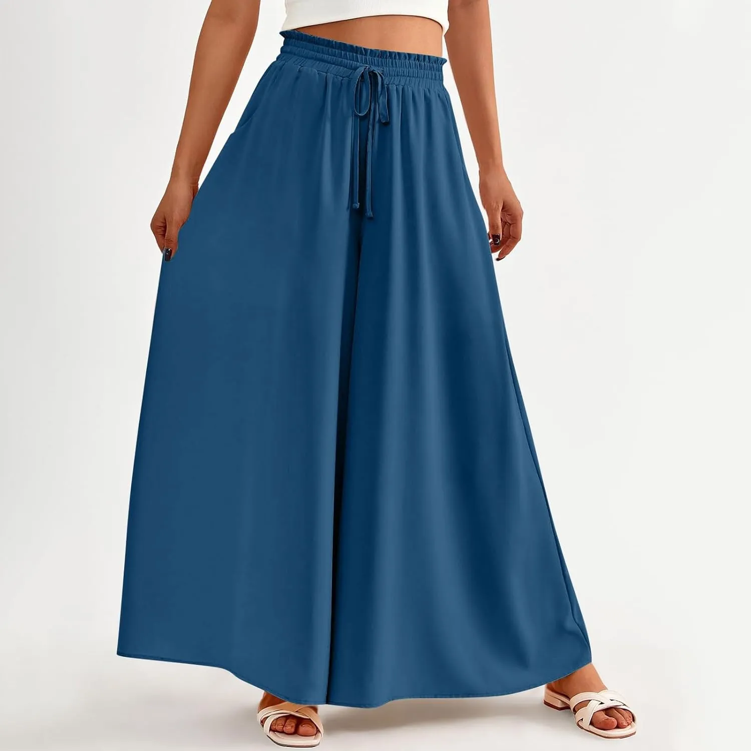 Palazzo Pants for Women High Waisted Flowy Wide Leg Pants Summer Trendy Casual Loose Boho Beach Trousers with Pockets