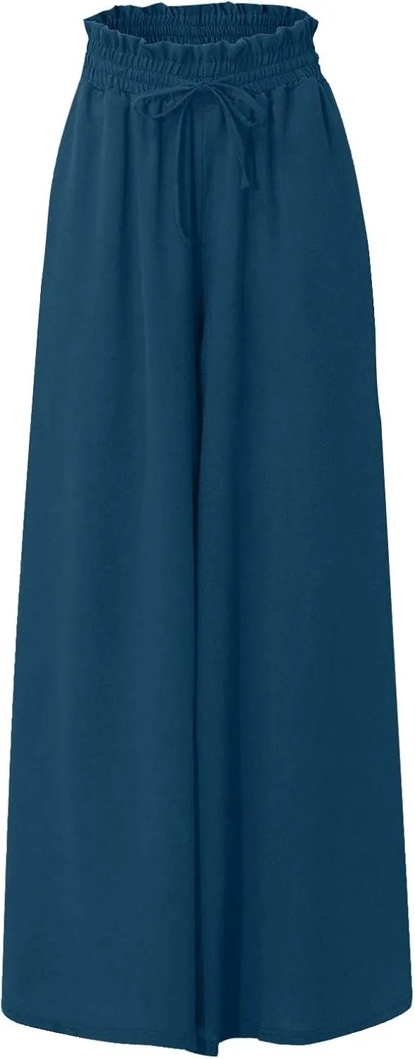 Palazzo Pants for Women High Waisted Flowy Wide Leg Pants Summer Trendy Casual Loose Boho Beach Trousers with Pockets