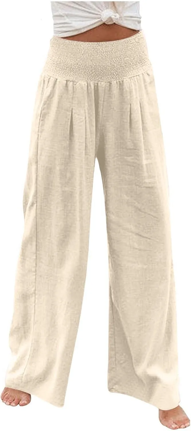 Palazzo Pants for Women Summer High Waist Wide Leg Beach Pant Trendy Casual Loose Lounge Flowy Trousers with Pockets