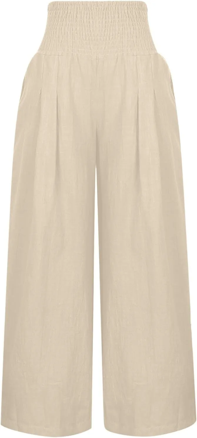 Palazzo Pants for Women Summer High Waist Wide Leg Beach Pant Trendy Casual Loose Lounge Flowy Trousers with Pockets