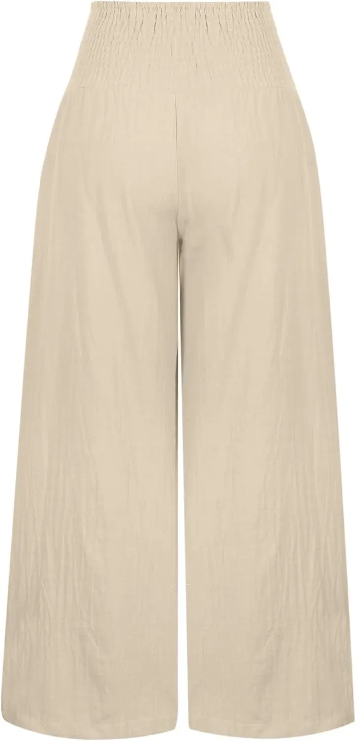 Palazzo Pants for Women Summer High Waist Wide Leg Beach Pant Trendy Casual Loose Lounge Flowy Trousers with Pockets