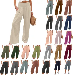Palazzo Pants for Women Summer High Waist Wide Leg Beach Pant Trendy Casual Loose Lounge Flowy Trousers with Pockets