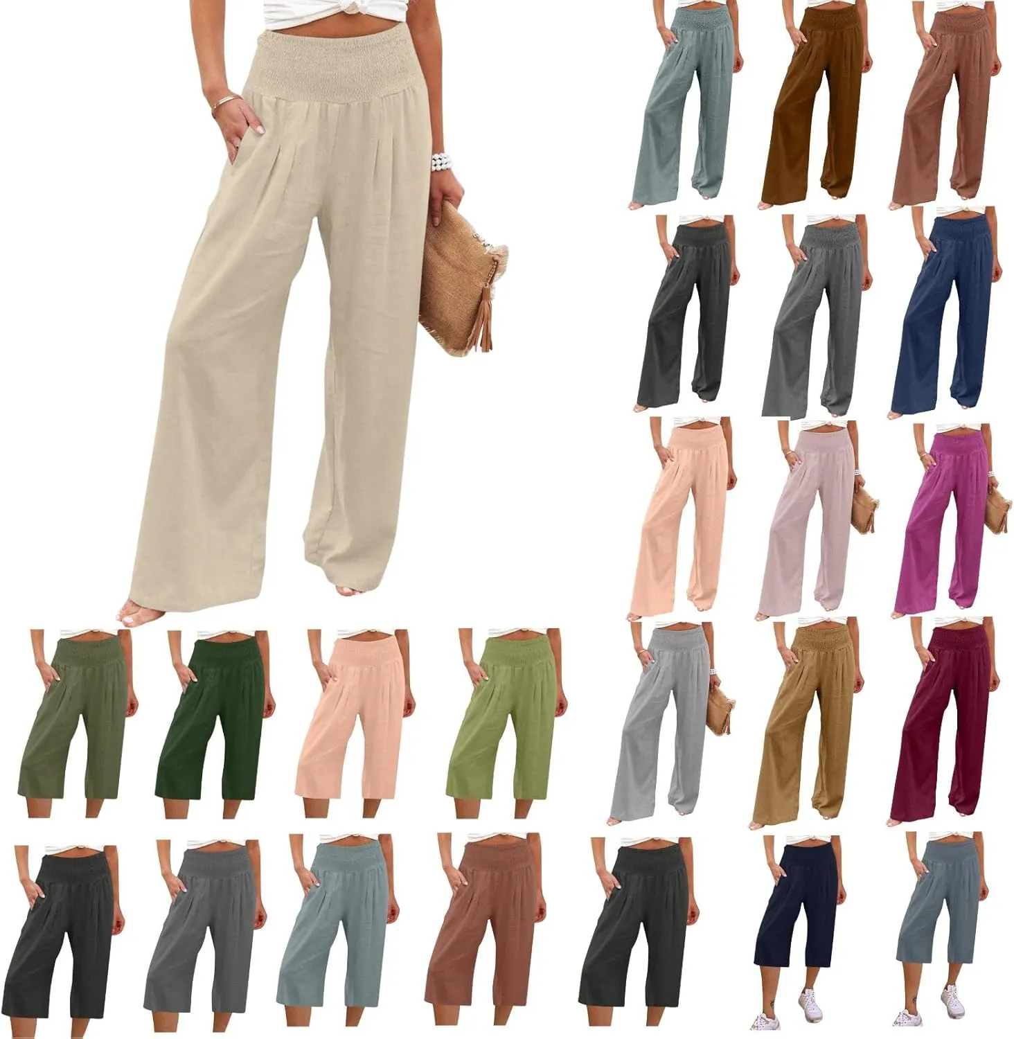 Palazzo Pants for Women Summer High Waist Wide Leg Beach Pant Trendy Casual Loose Lounge Flowy Trousers with Pockets