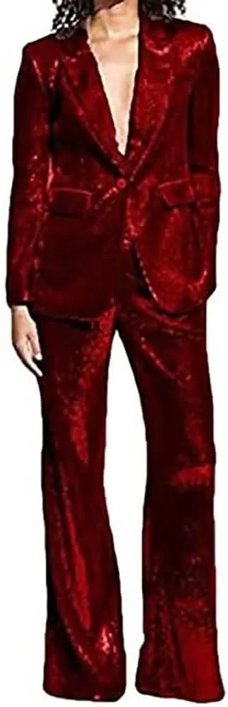 Pant Suit for Women 2 Piece Sequin Pants Suit Set Blazer Business Wedding Tuxedos Party Wear Suits