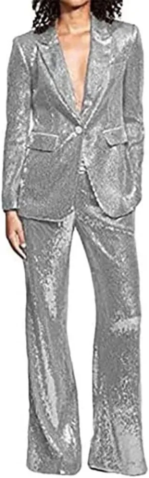 Pant Suit for Women 2 Piece Sequin Pants Suit Set Blazer Business Wedding Tuxedos Party Wear Suits