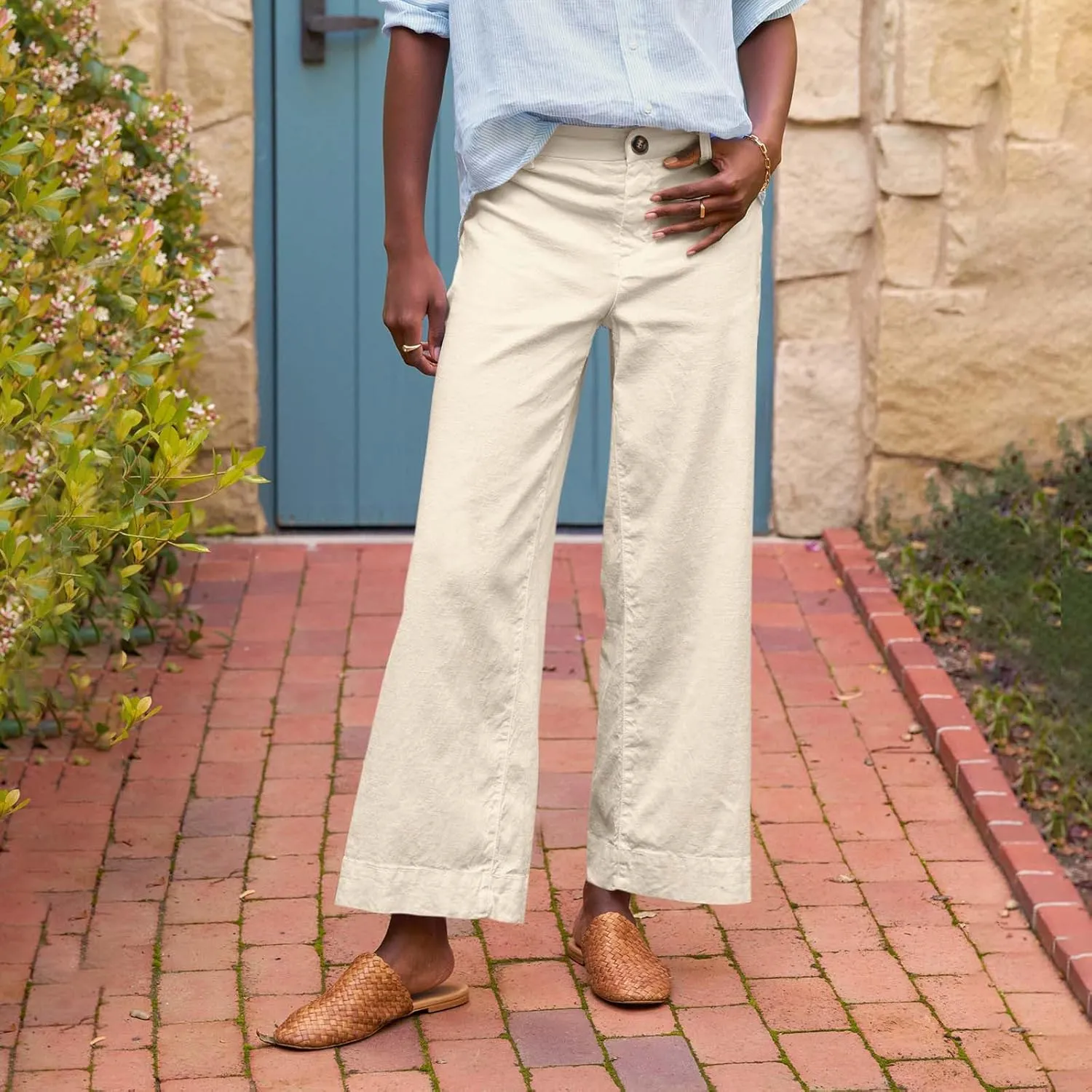 Pants for Women, Casual Pants Peasant Side Button Straight Leg Linen Plaid