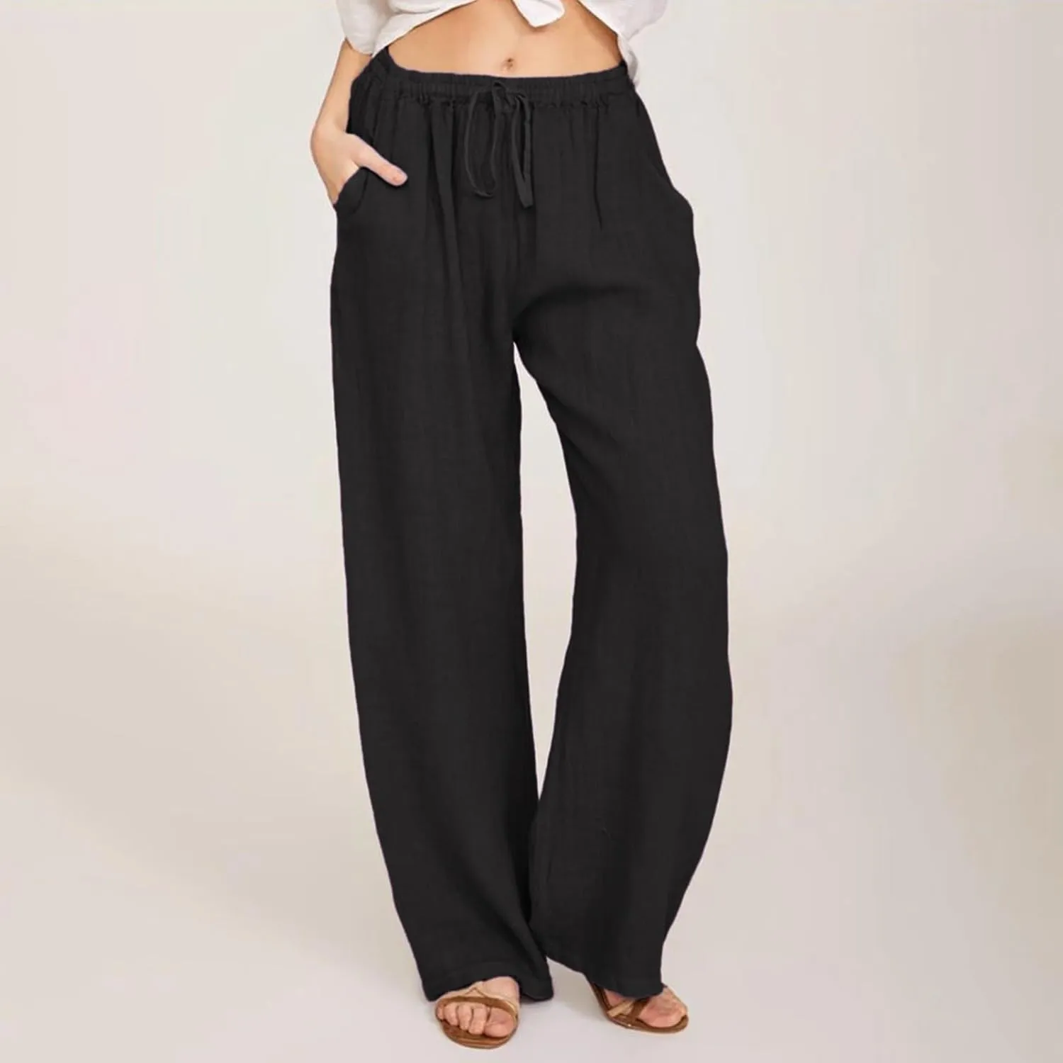 Pants for Women, Linen Pants Wide Leg Straight Drawstring High Waisted Palazzo