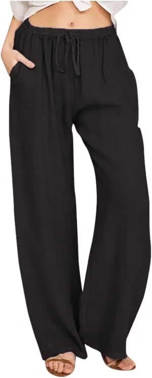 Pants for Women, Linen Pants Wide Leg Straight Drawstring High Waisted Palazzo