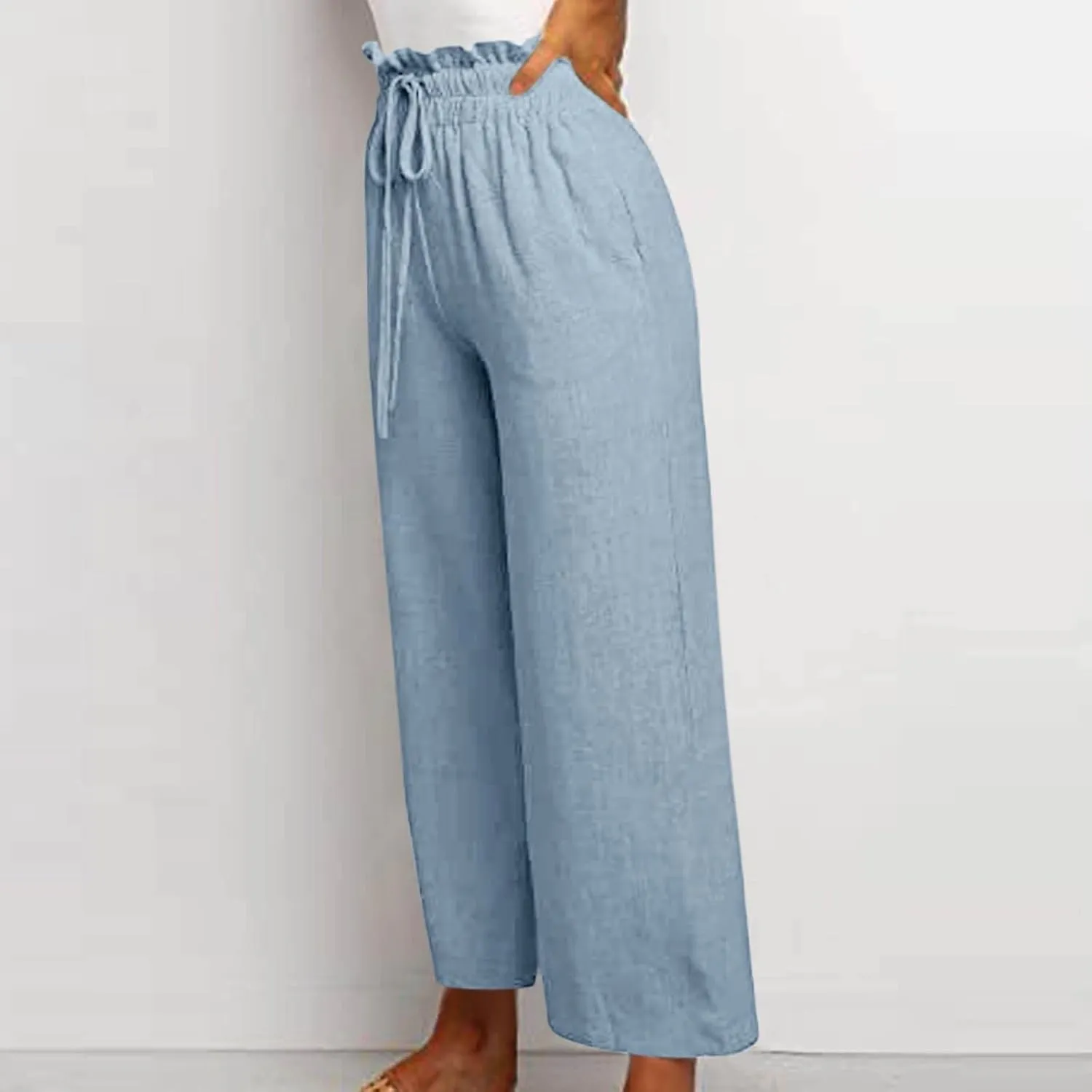 Pants for Women, Pants Cotton Linen Straight Leg Wide High Waisted Summer