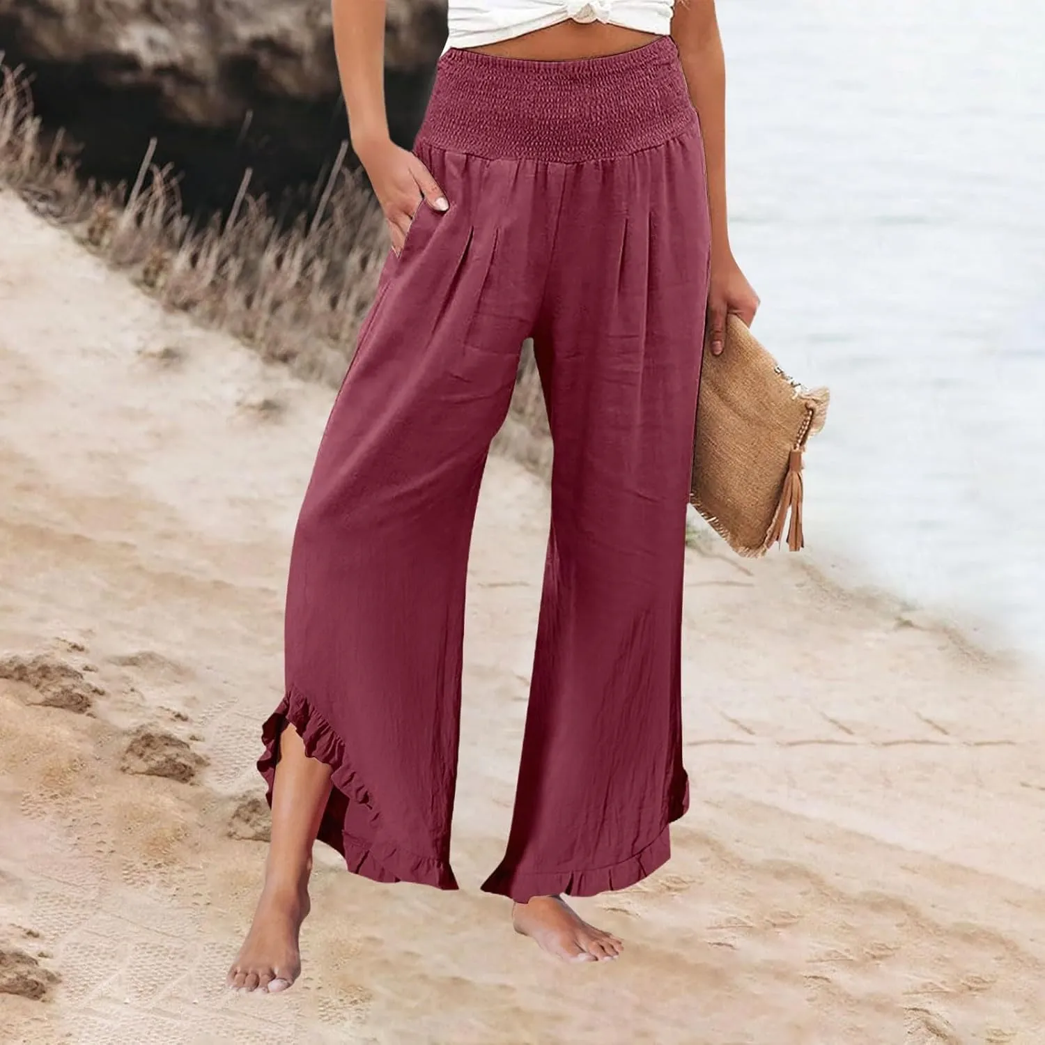 Pants for Women, Straight Leg Summer High Waisted Linen Pants Wide Palazzo