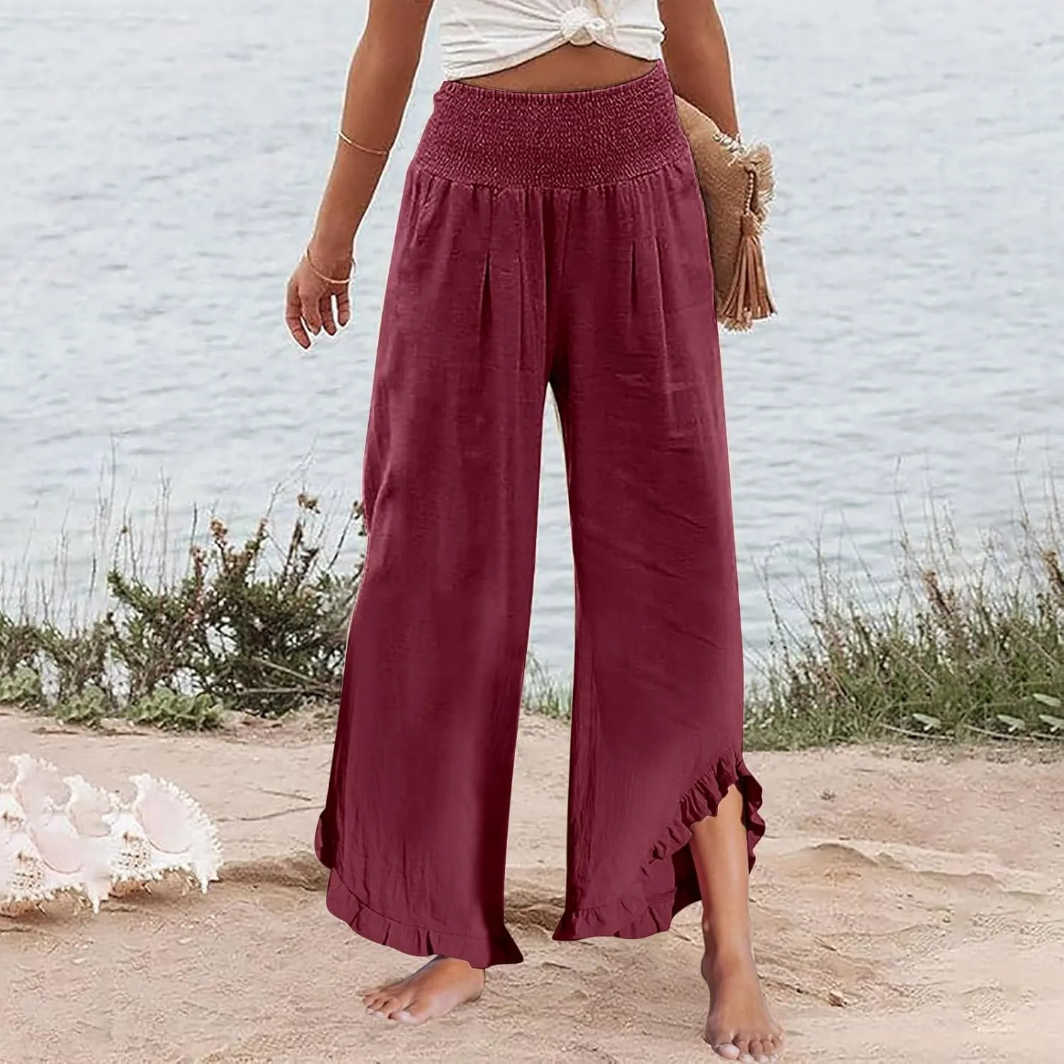 Pants for Women, Straight Leg Summer High Waisted Linen Pants Wide Palazzo