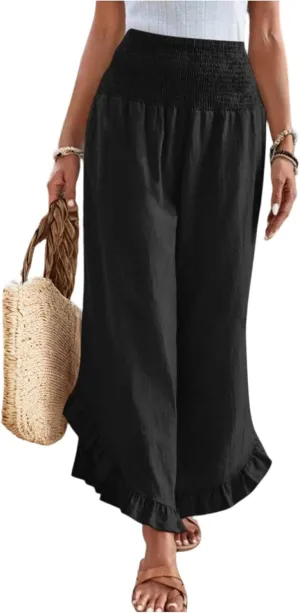 Pants for Women Summer Wide Leg Linen Waist Ruffle Hem Pants Flowy Smocked Boho Beach Palazzo Pant with Pocket