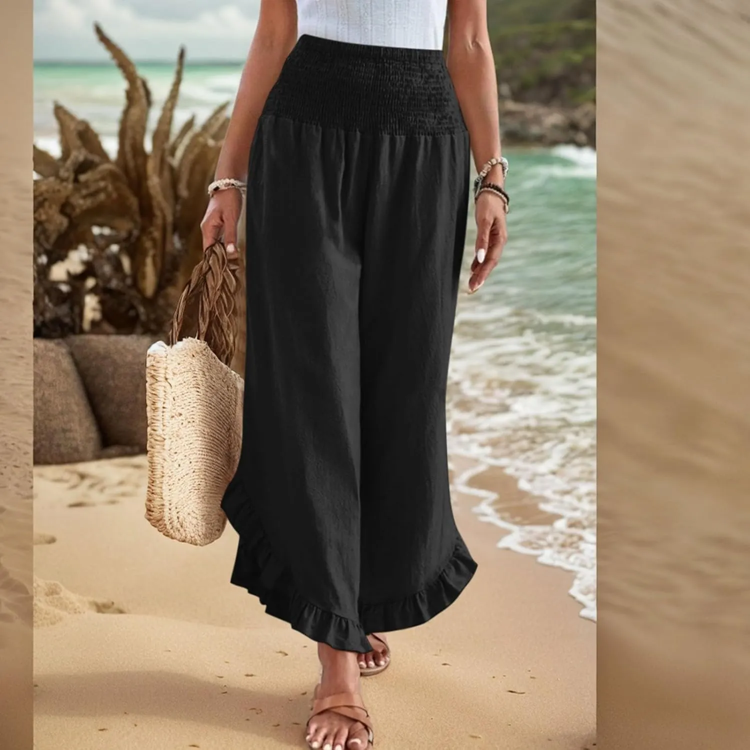 Pants for Women Summer Wide Leg Linen Waist Ruffle Hem Pants Flowy Smocked Boho Beach Palazzo Pant with Pocket