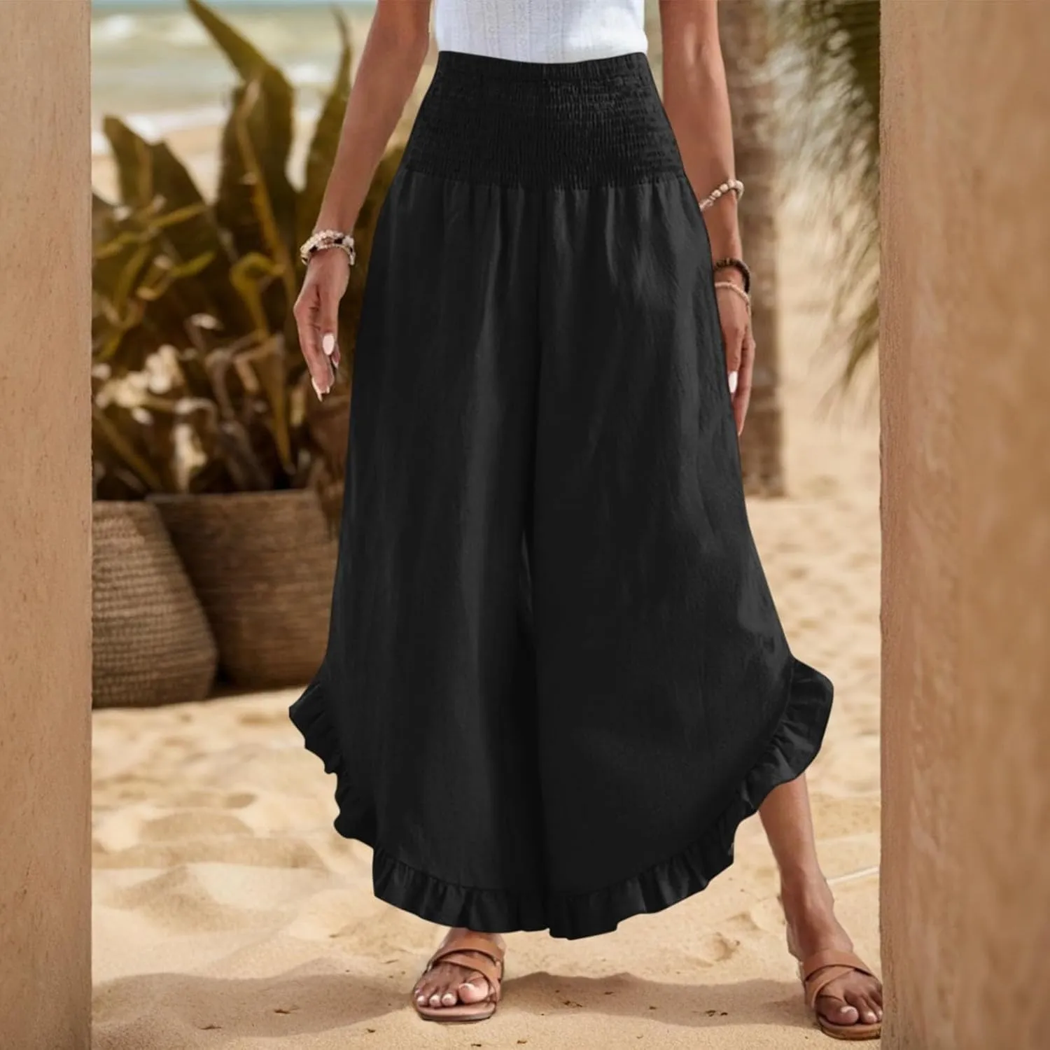 Pants for Women Summer Wide Leg Linen Waist Ruffle Hem Pants Flowy Smocked Boho Beach Palazzo Pant with Pocket