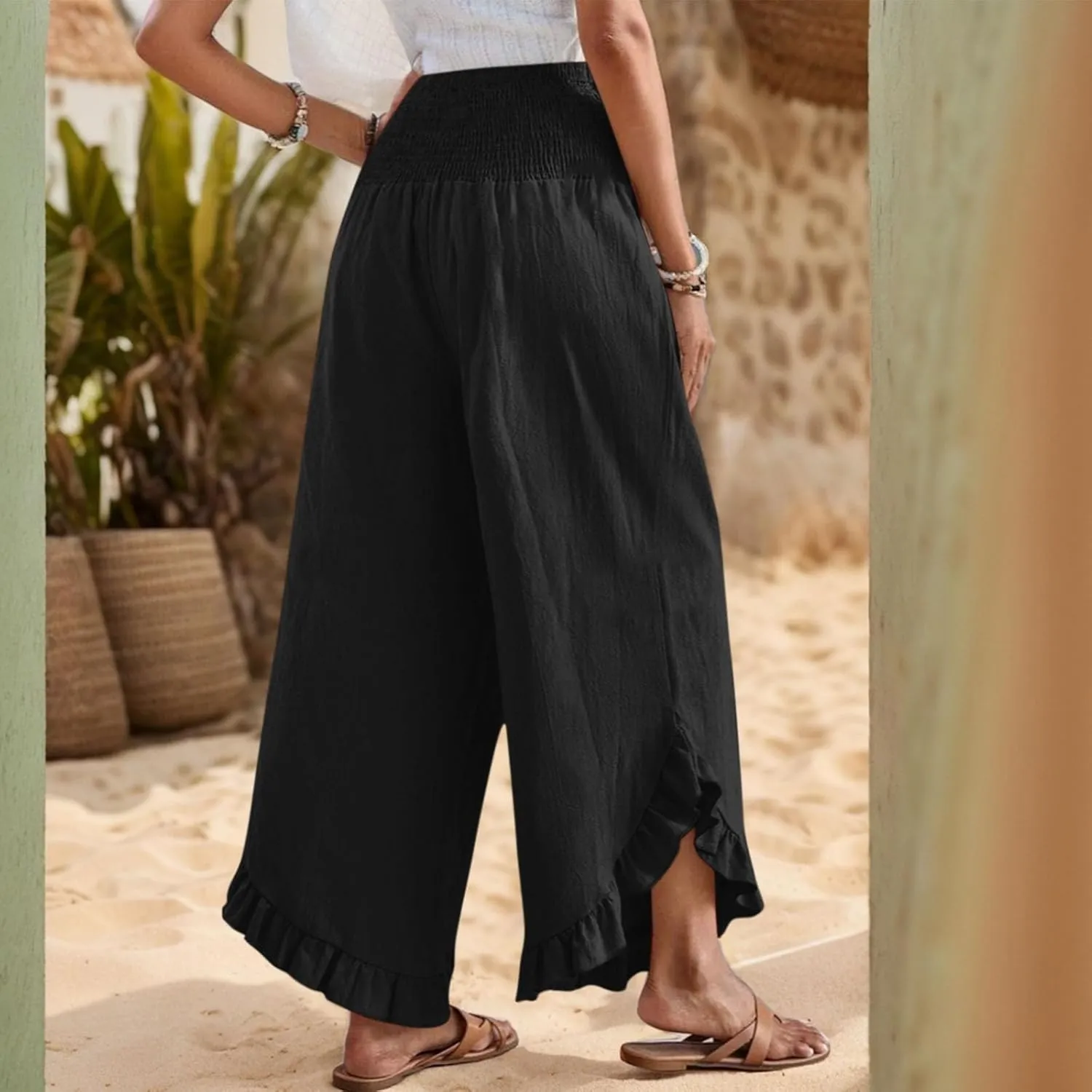 Pants for Women Summer Wide Leg Linen Waist Ruffle Hem Pants Flowy Smocked Boho Beach Palazzo Pant with Pocket