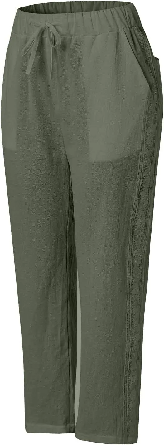 Pants for Women, Wide Leg Pants Casual Peasant Straight Linen Trendy Drawstring