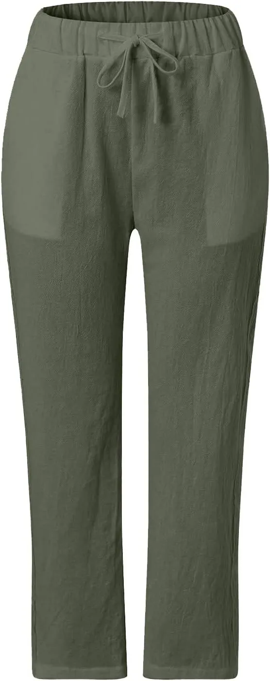Pants for Women, Wide Leg Pants Casual Peasant Straight Linen Trendy Drawstring